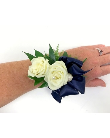 #113 Elegant Navy and White Wrist Corsage Flower Arrangement