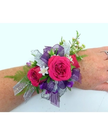 #114 Hot Pink and Royal Purple Wrist Flower Arrangement