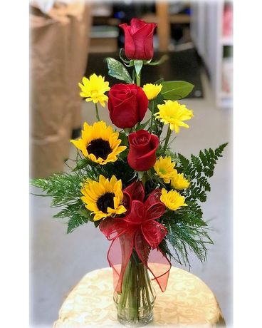 Sunflowers and Roses Flower Arrangement