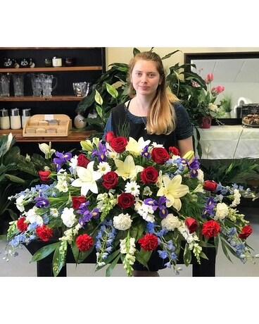 Red White and Blue Memories casket spray #4 Flower Arrangement