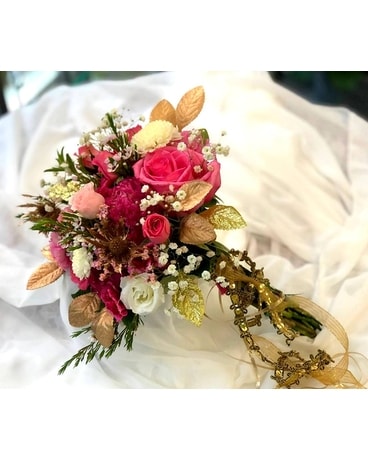 Hand tied Prom Bouquet- Pink and Gold Flower Arrangement