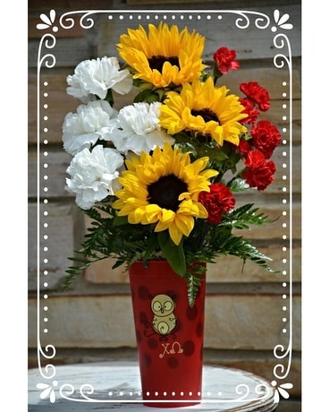 Chi Omega Plastic Tumbler Flower Arrangement