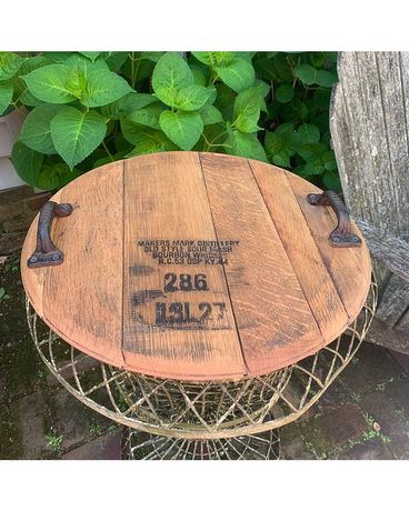Bourbon Barrel Serving Tray w/ Iron Hardware Flower Arrangement