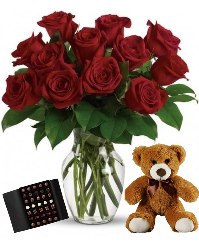 Roses teddy bear and chocolates deals