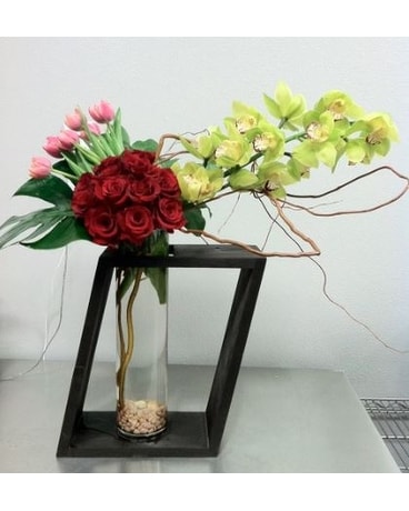 Modern Luxe Rose Arrangement ( Wooden Frame Not Av Flower Arrangement