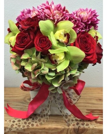 Valentine's Day Dahlias, Orchids, And Roses Flower Arrangement