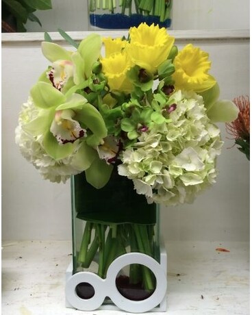 Valentine's Day Orchids, Daffodils, And Hydrangea Flower Arrangement
