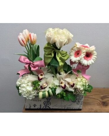 Tulips, Roses, Daisies, And Orchids In Parisian Bo Flower Arrangement