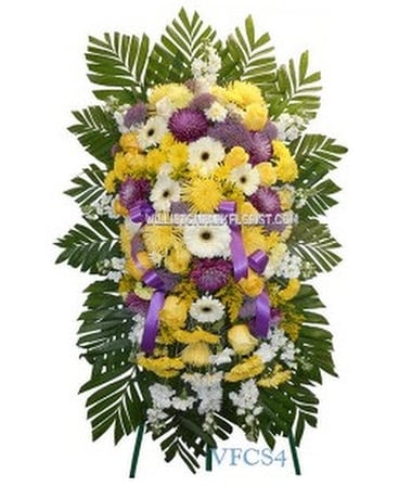 YELLOW PURPLE AND WHITE STANDING SPRAY Sympathy Arrangement