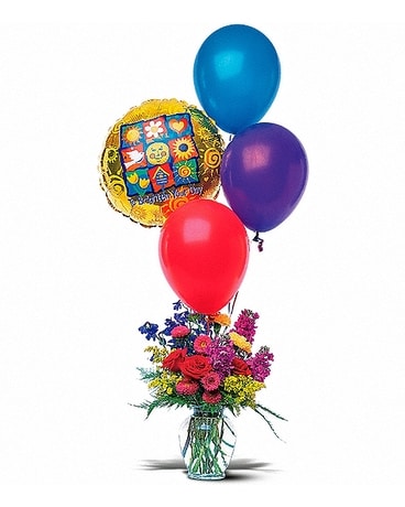Balloons and a Boost Flower Arrangement