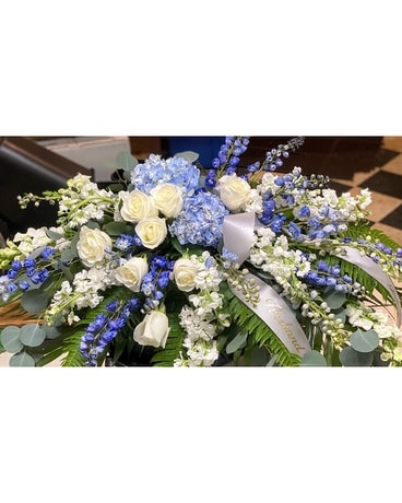 Blue and White Casket Flower Arrangement