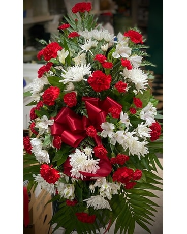 Classic Red & White Standing Spray Funeral Arrangement