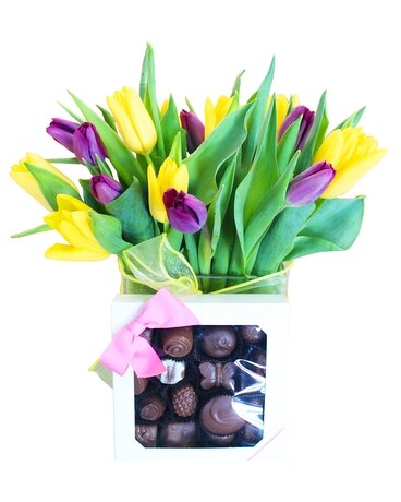 Tulips and Chocolate Flower Arrangement