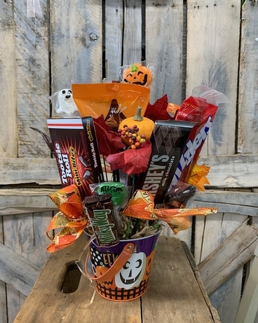 Halloween Treat Gift Pail Flower Arrangement