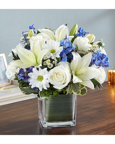 Healing Tears™ Blue & White Flower Arrangement