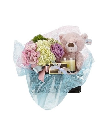 Baby Girl Arrival Vase & Gifts Flower Arrangement