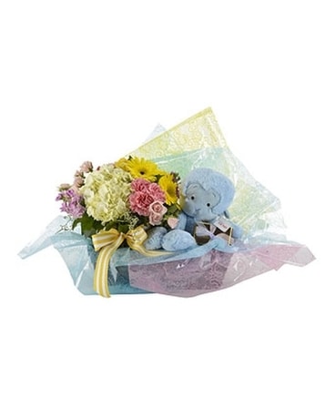 Baby Boy Arrival Vase & Gifts Flower Arrangement