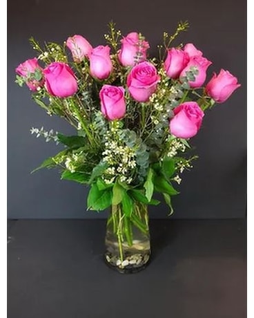 One Dozen Hot Pink Roses Flower Arrangement