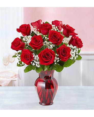 Red Roses One Dozen in Red Vase Flower Arrangement