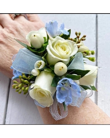 Baby Blue Wrist Corsage Flower Arrangement