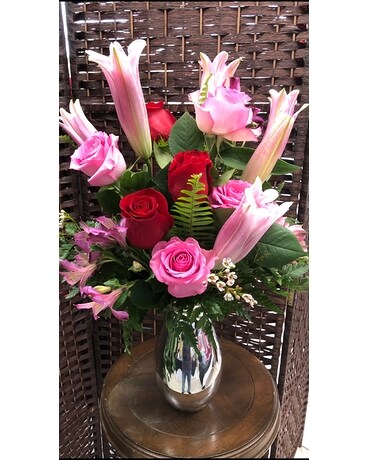 Silver Vase with Roses Flower Arrangement