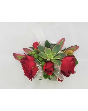 Upscale Red Roses with Large Succulents Corsage Flower Arrangement