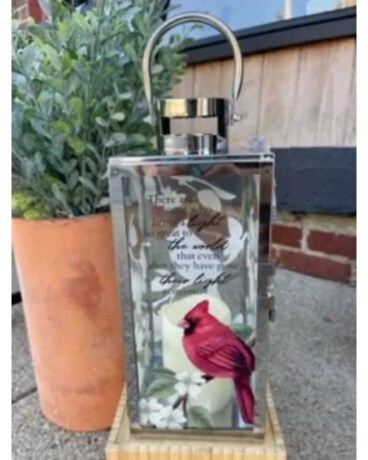 Glass Cardinal Lantern Flower Arrangement