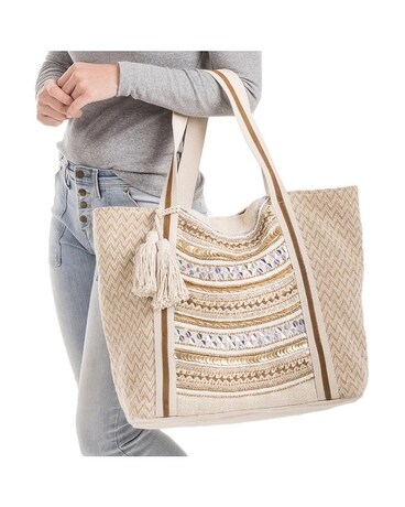 Cream/Tan Chevron Beaded Tote Bag Gifts