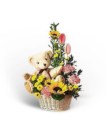 Basket of Bear with Blooms Flower Arrangement