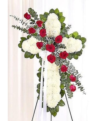 Prayers - Standing Cross with Red Roses Funeral Arrangement