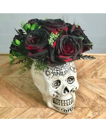 Blackened Rose Skull Flower Arrangement