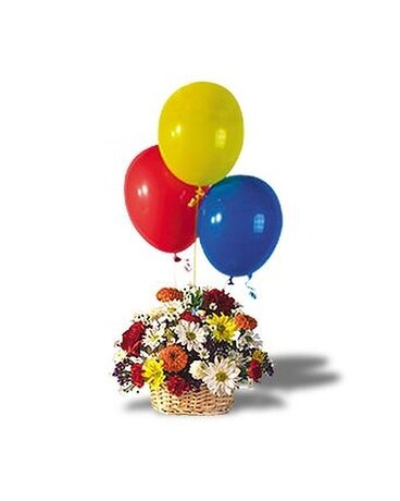 Balloons and Blossoms Basket Basket Arrangement