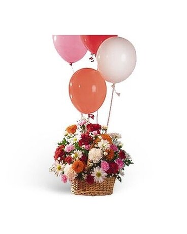 Soaring Balloons and Blooms Basket Arrangement