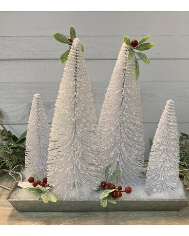 Winter Bottle Brush Tree Display on Tray Gifts