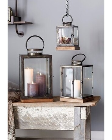 Glass and Metal Square Lantern on Wood Base Gifts