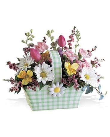 Gingham Daisy Basket Flower Arrangement