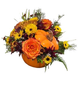 Designers Choice- Orange Pumpkin Flower Arrangement