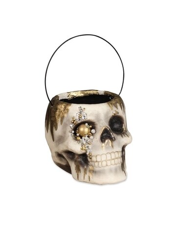 Bethany Lowe Jeweled Skull Bucket Small Flower Arrangement