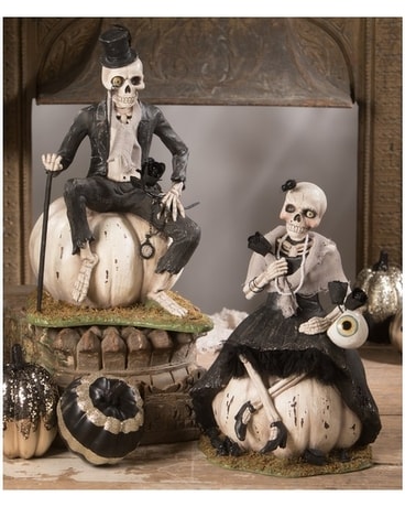 Bethany Lowe Miss Skeleton On Pumpkin Flower Arrangement