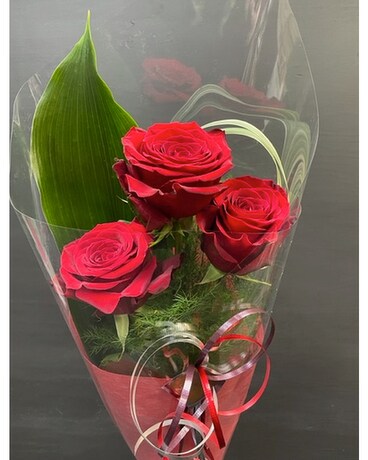 3 Red Roses wrapped beautifully Flower Arrangement