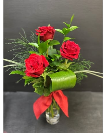 3 Roses with Greens in a Vase Flower Arrangement