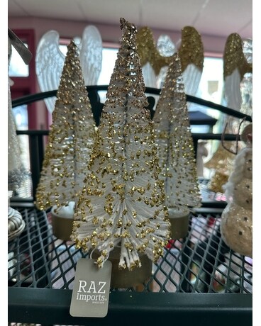 White Bottle Brush Tree w/Gold Glitter Flower Arrangement