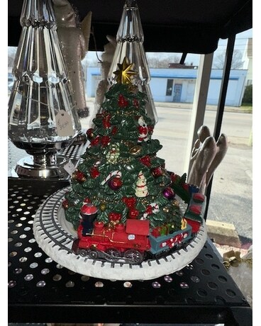Animated Musical Green Christmas Tree w/Train Flower Arrangement
