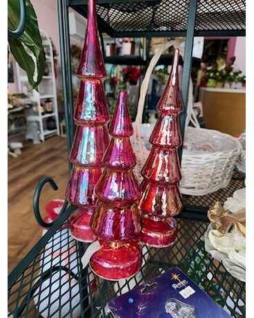 Lighted Red Iridescent Trees Flower Arrangement