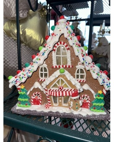 Gingerbread Lodge LED Lighted House Flower Arrangement