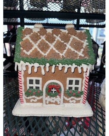Lighted Holiday Spice Gingerbread House Flower Arrangement