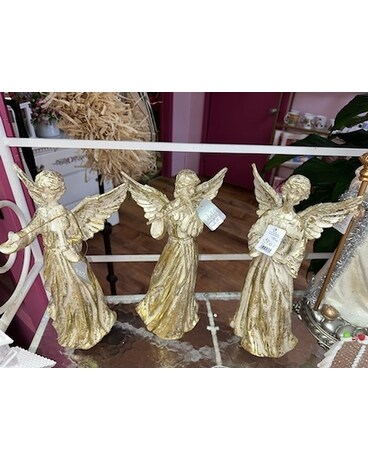 Gold Angel With Instrument Flower Arrangement