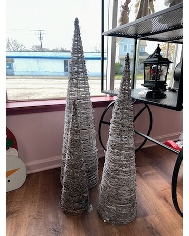 Snowy Lighted Cone Trees Flower Arrangement