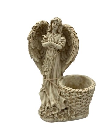 Garden Angel with Wicker Basket Flower Arrangement
