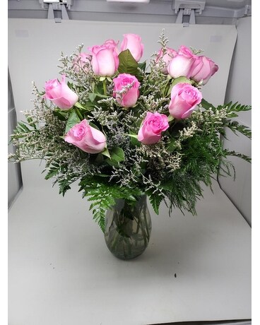Dozen Pink Roses with Accent Flowers Flower Arrangement